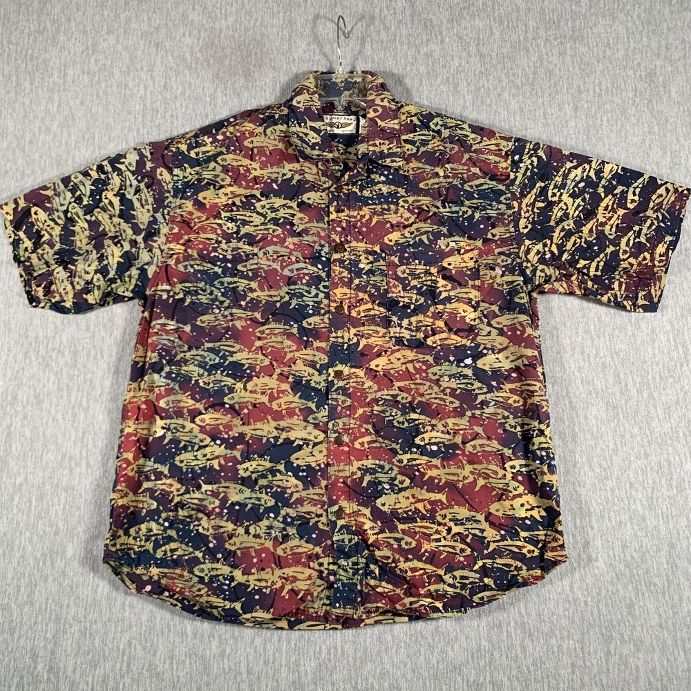 Vintage Straight Down‎ Shirt Mens Medium Allover Fish Print Made USA 90s